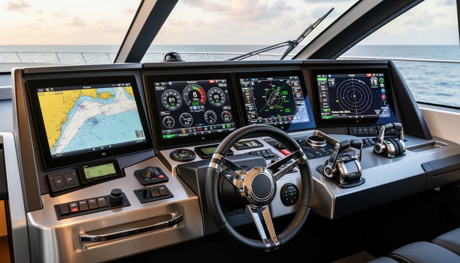 Integrated marine electronics displays mounted on yacht helm console showing coordinated system data