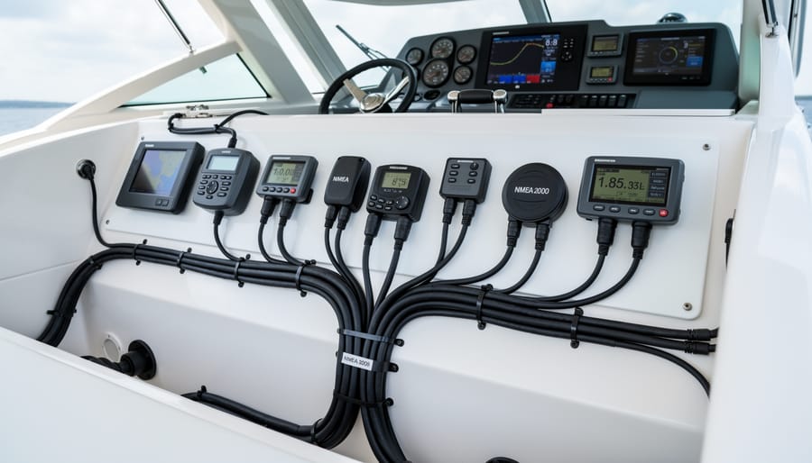 NMEA 2000 marine network cable with multiple connectors showing physical integration infrastructure