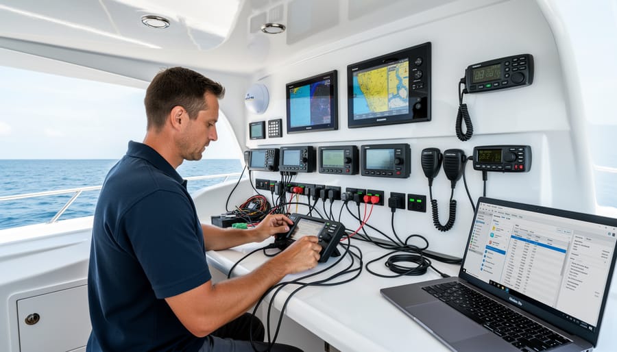 Marine technician using diagnostic equipment to configure integrated electronics system