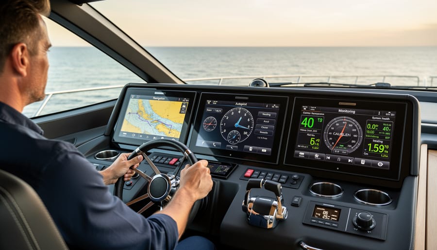 Yacht operating smoothly on calm water demonstrating benefits of integrated marine electronics systems