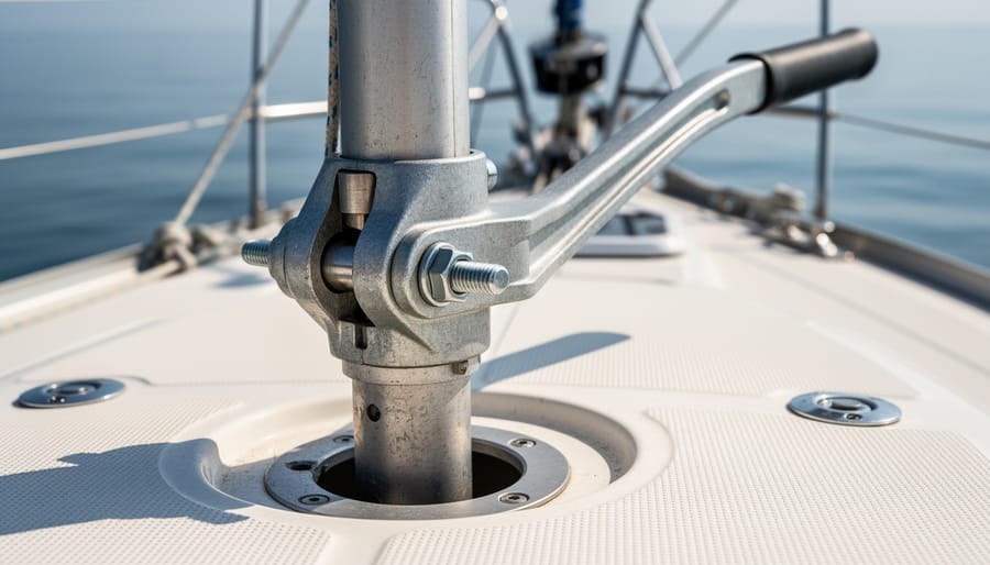 Gloved hands gripping a stainless emergency tiller extension near the rudder post connection area.