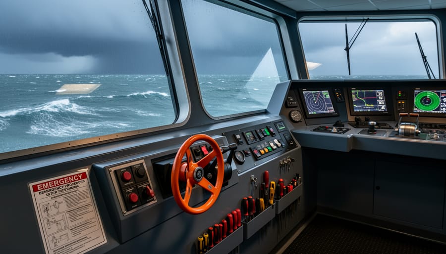 Sailboat in rough seas with emergency tiller accessible in an open cockpit storage locker.