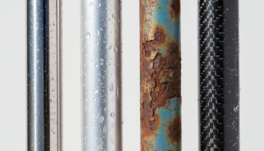 Stainless steel, aluminum, and composite emergency tillers arranged on a marina workbench with visible surface texture.