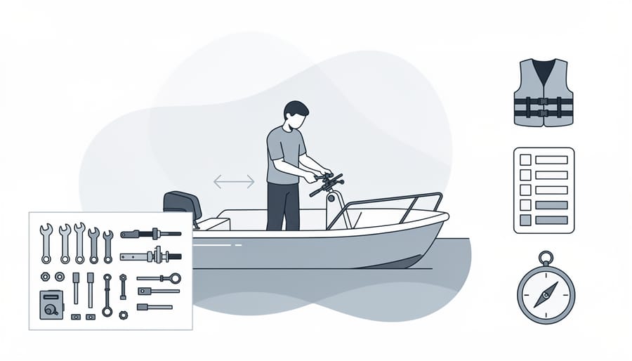 Boat owner preparing emergency tiller hardware on a dock beside a sailboat
