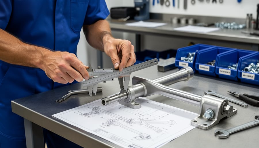 Custom emergency tiller hardware on a workshop bench with measurement tools nearby