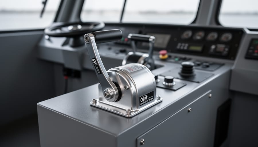 Emergency tiller assembly installed in a sailboat stern steering area in OEM configuration