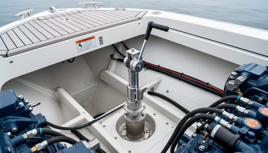 Emergency tiller hardware staged near hydraulic steering components in a sailboat access area