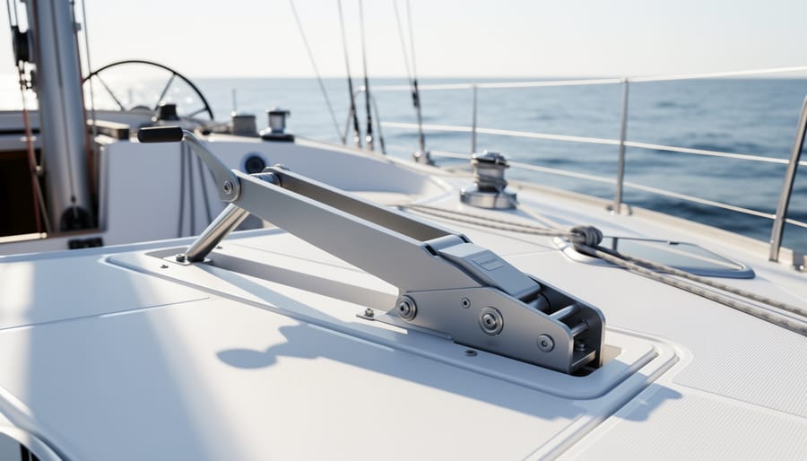 Folding emergency tiller compactly stored near modern aft-deck equipment on a sailboat