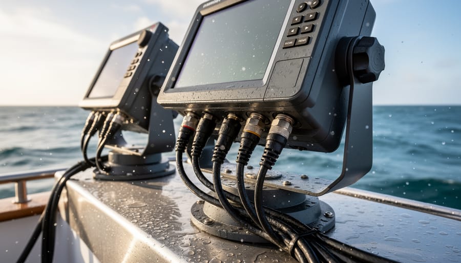Gloved hands securing waterproof cable connections for a marine navigation laptop setup