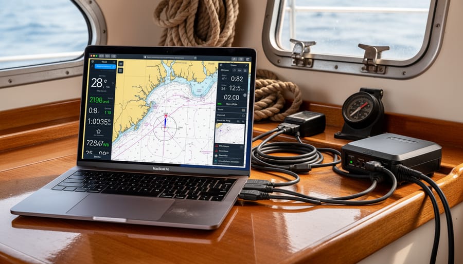 Mac laptop in a marine cockpit connected to a GPS receiver with waterproof cables