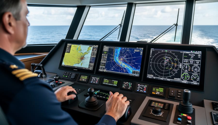 Marine cockpit view toward the horizon with a laptop and boat antennas supporting navigation
