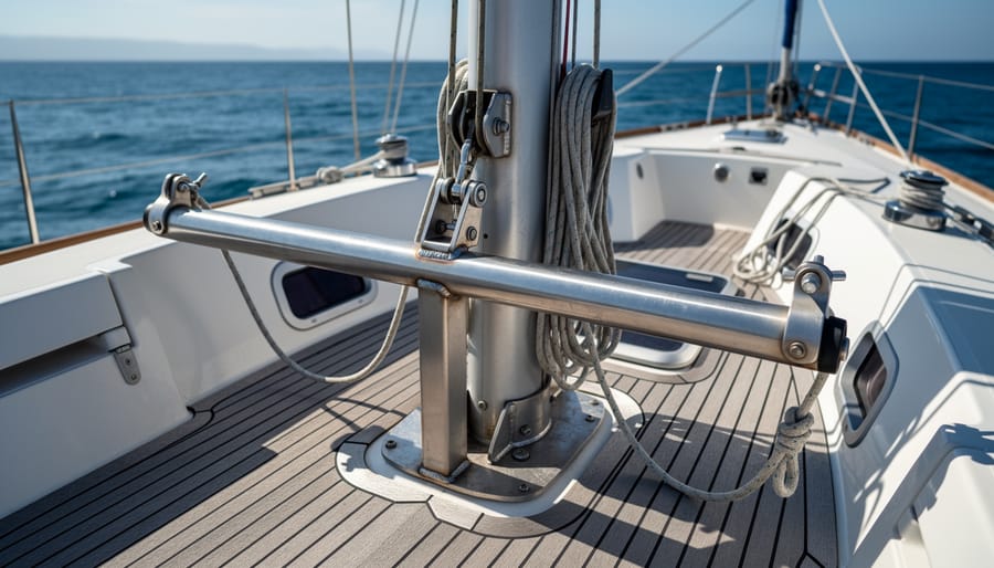 Reinforced emergency tiller components installed on a sailboat with open ocean visible in the background