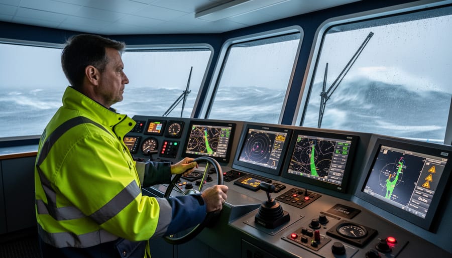 Sailboat underway in rough water with emergency tiller readiness visible near the cockpit