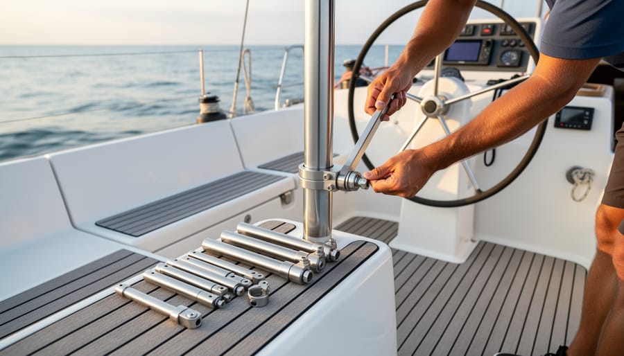 Stainless-steel emergency tiller kit being fitted at a sailboat cockpit near the rudder post