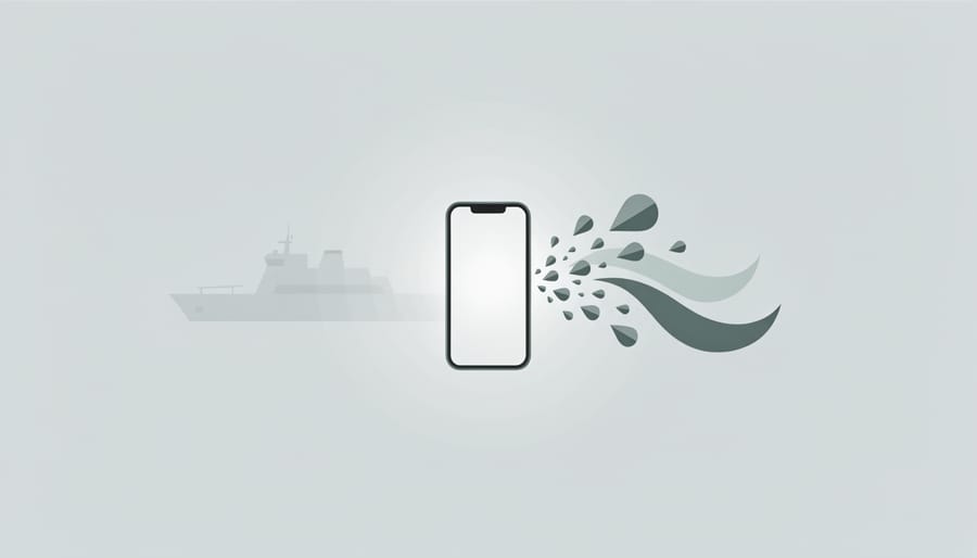 Hand holding a smartphone with glowing light reflecting on ocean spray to symbolize remote boat monitoring alerts.