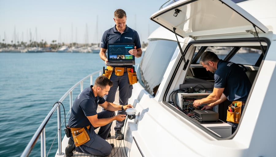 Technician installing vessel monitoring components on a modern yacht at dusk.