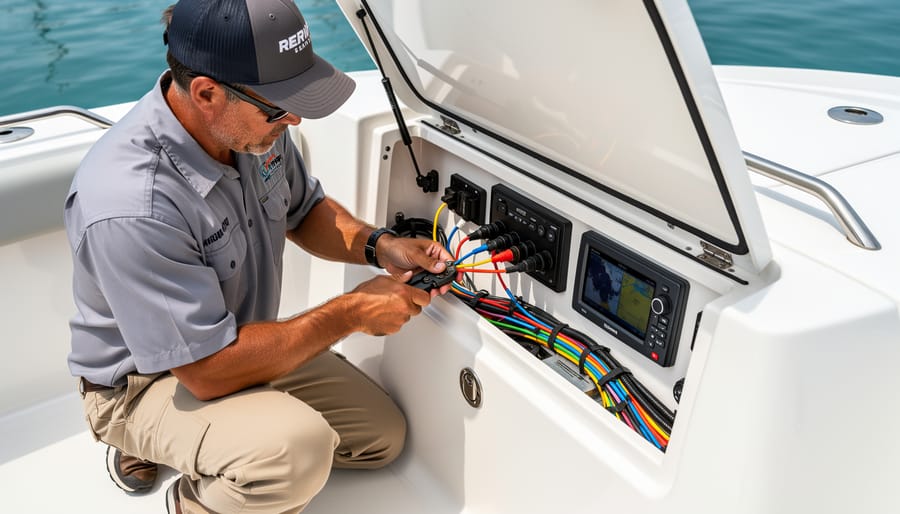 Marine technician tightening waterproof connectors on a boat electronics panel in a workshop.