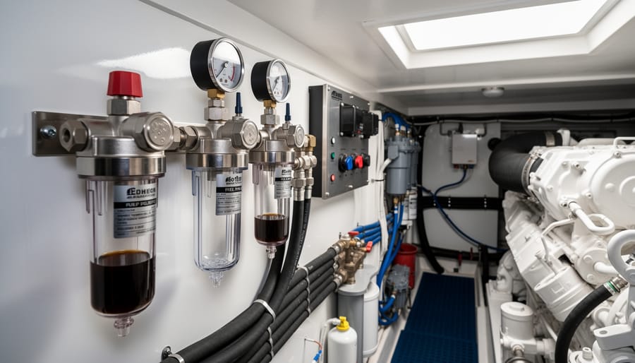 Fuel polishing equipment and marine hoses inside a boat engine room with the hatch open.