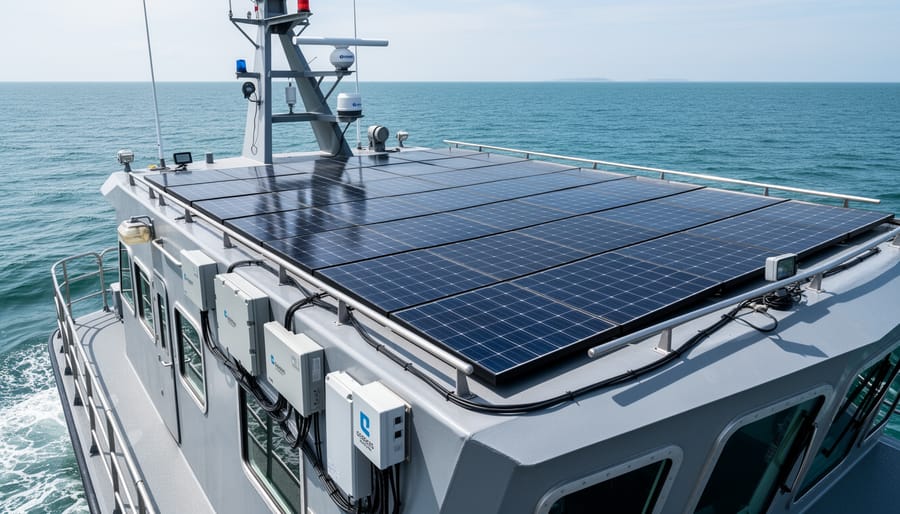 Solar panels mounted on a boat deck at dusk with a technician preparing the marine power system.