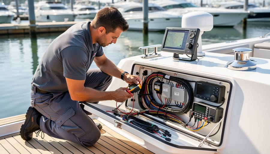 Marine technician working on an open boat electronics console in a marina.