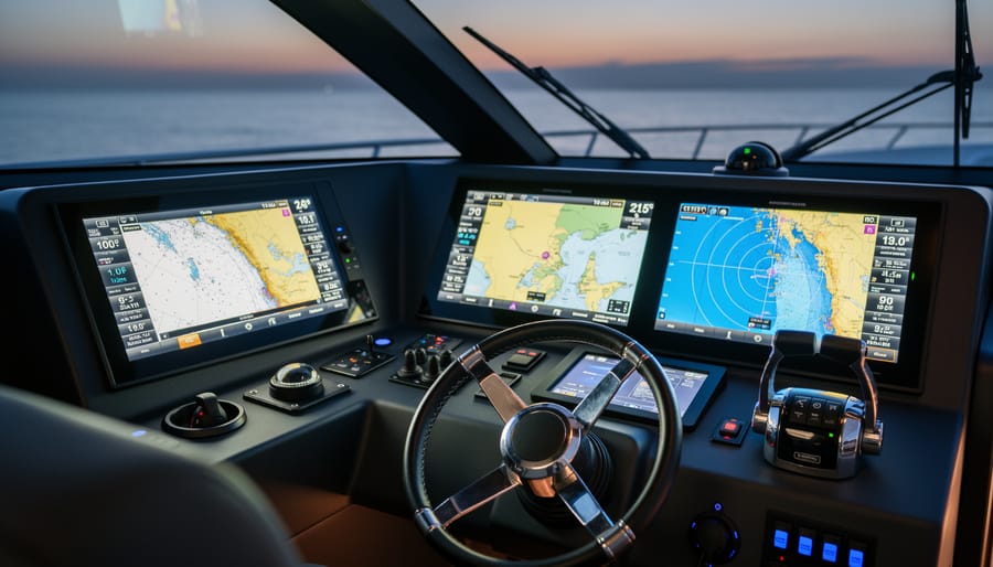 Boat helm with illuminated marine navigation electronics at a marina during dusk.